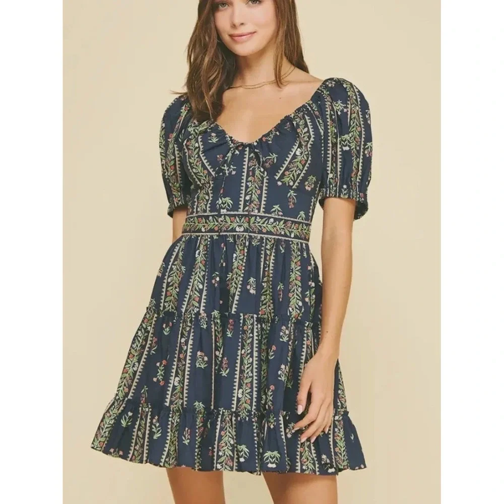 NWT Pinch Navy Floral Stripe Puff Sleeve Tiered Mini Dress | Size Large